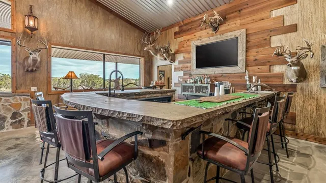 a outdoor dining space with furniture