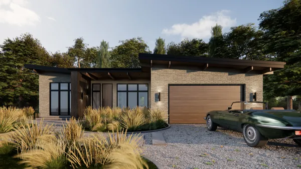 front view of a house with a patio