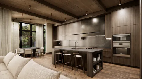 a kitchen with a stove a refrigerator and furniture