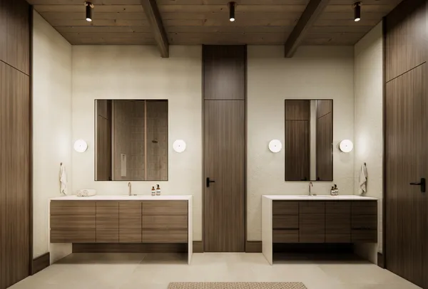 a bathroom with a double vanity sink mirror and bathtub