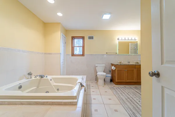 a bathroom with a bathtub a sink a toilet and a mirror