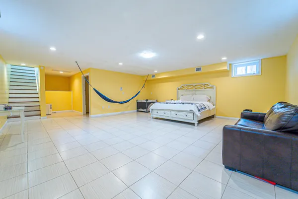 a living room with furniture and a table