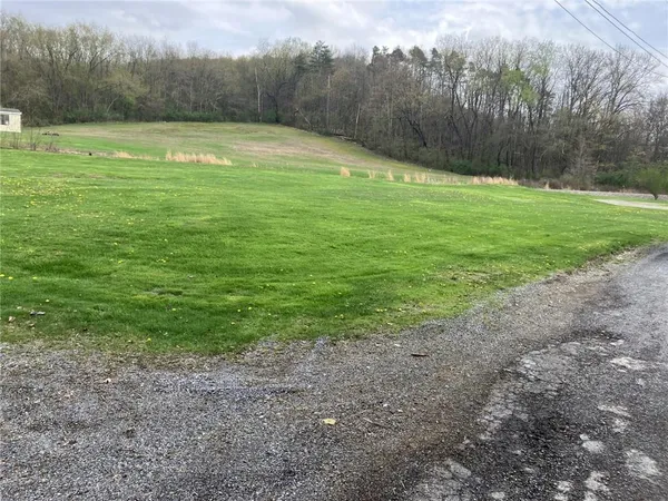 a view of a field with an trees in the background