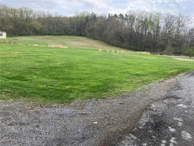 a view of a field with an trees in the background