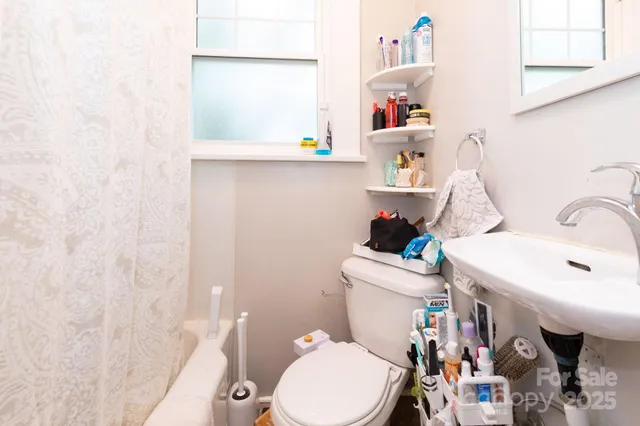 a bathroom with a sink a toilet and a shower curtain