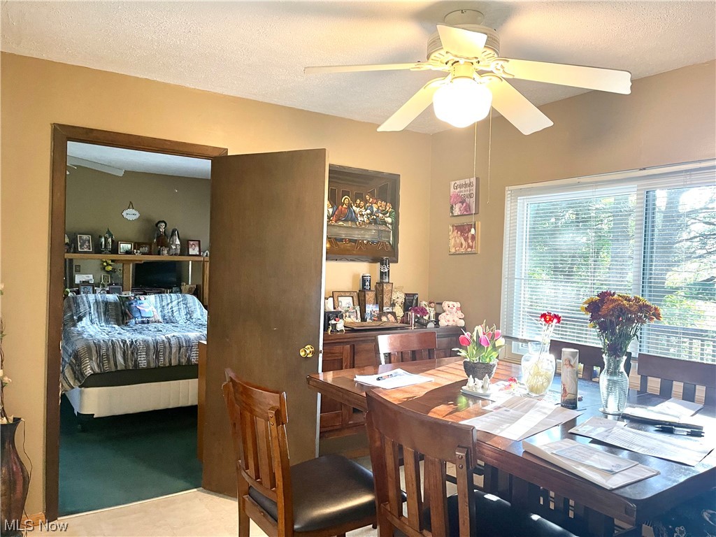 78700 Eva Mae Road Freeport, OH 43973 - Photo 17 of 33 Dining room featuring light tile flooring, ceiling fan, and a textured ceiling