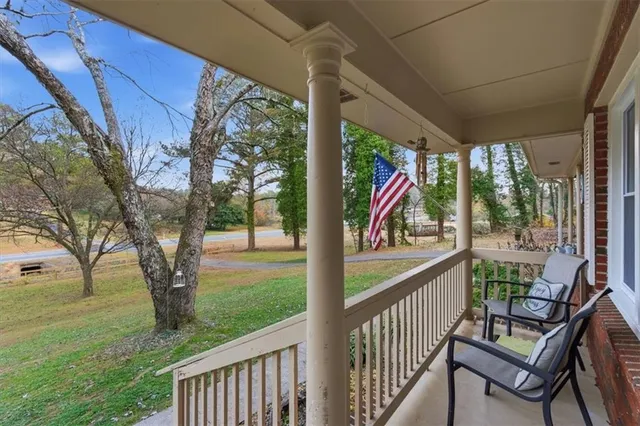 a view of a porch with a backyard