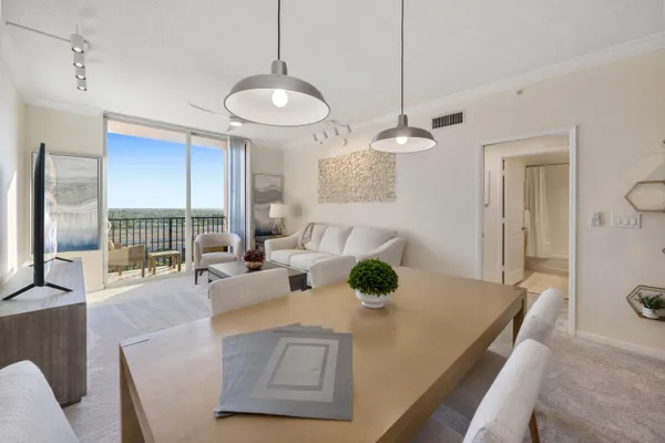 a view of a dining room and livingroom view