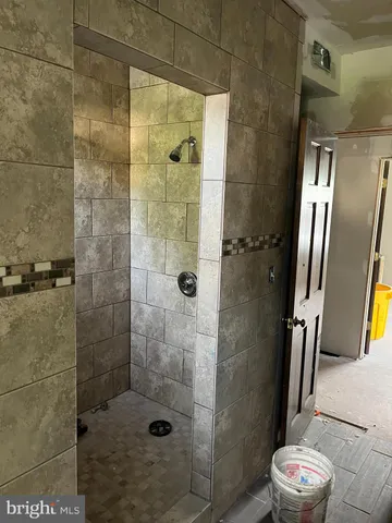 a bathroom with a shower and a toilet