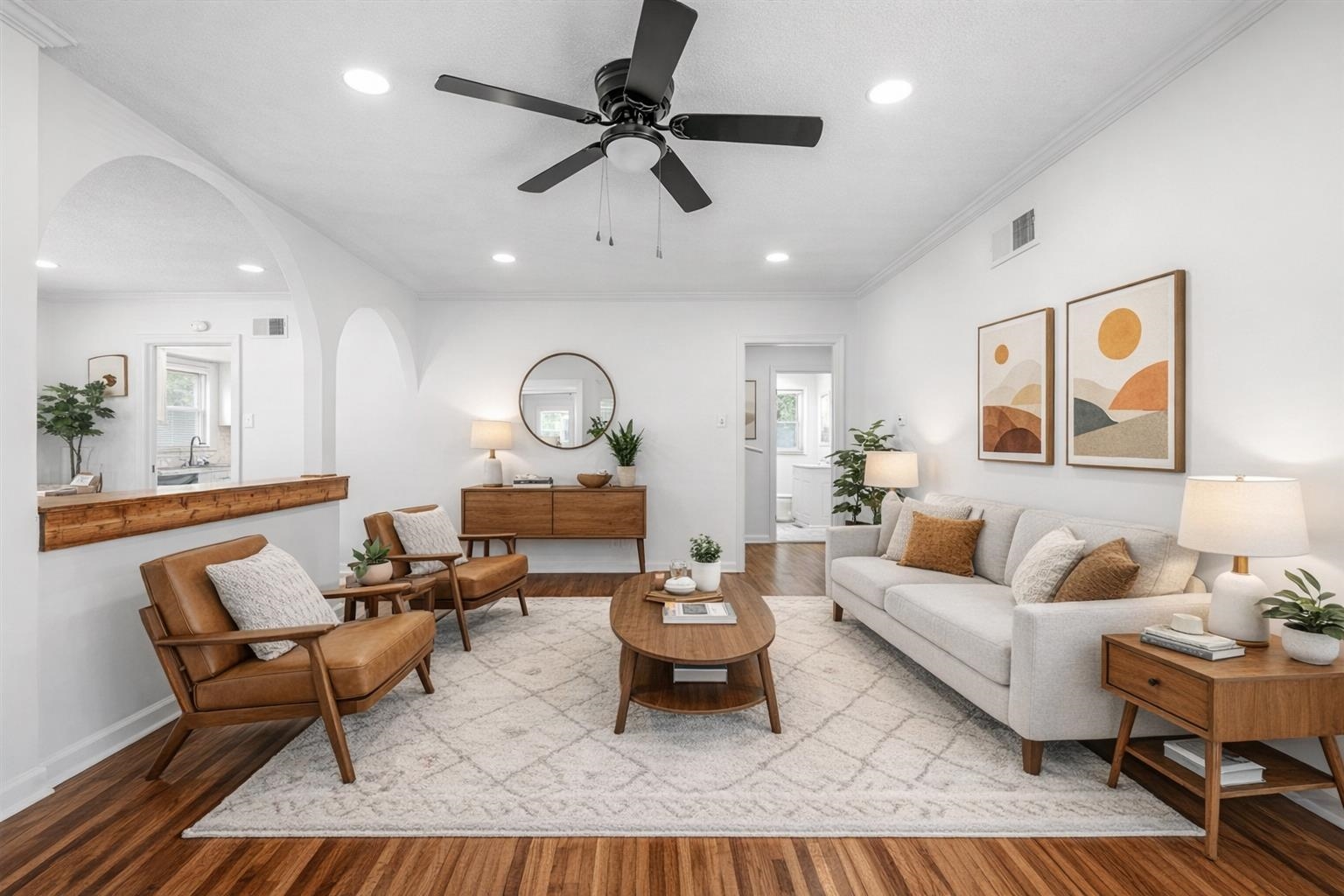 1244 Wells Station Road Memphis, TN 38122 - Photo 7 of 36 Living area featuring ceiling fan, light wood finished floors, ornamental molding, and recessed lighting