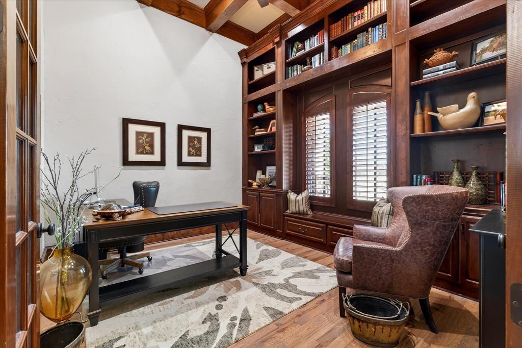 1625 Timber Ridge Trail Cross Roads, TX 76227 - Photo 27 of 40 Office space featuring light wood-style flooring, built in shelves, and beam ceiling