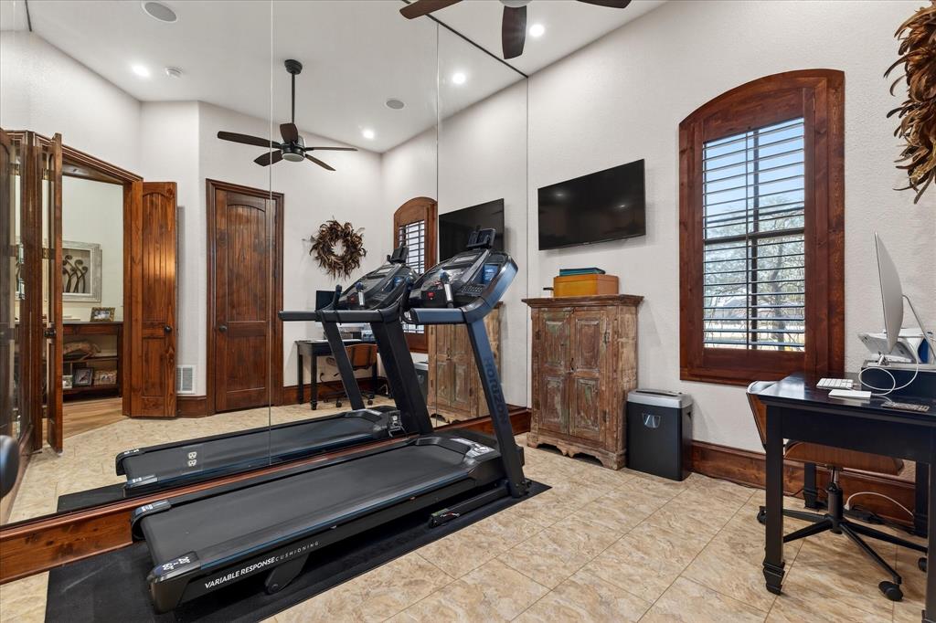1625 Timber Ridge Trail Cross Roads, TX 76227 - Photo 5 of 40 Workout area featuring a ceiling fan and recessed lighting