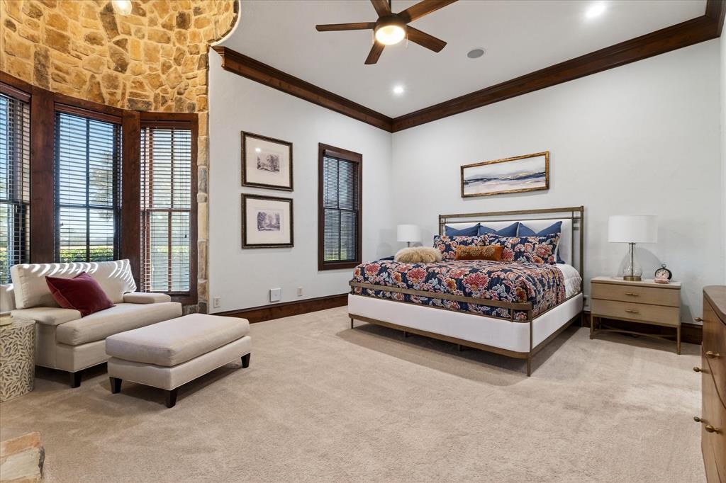 1625 Timber Ridge Trail Cross Roads, TX 76227 - Photo 6 of 40 Bedroom featuring ornamental molding, ceiling fan, and light colored carpet