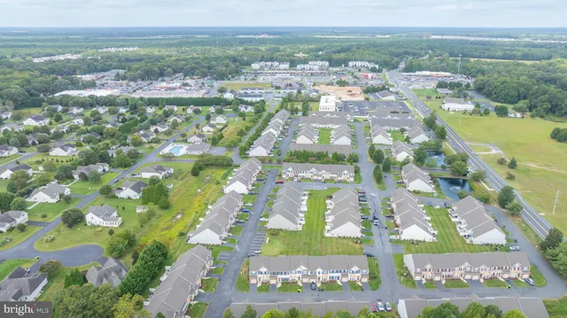 an aerial view of residential houses with outdoor space and trees