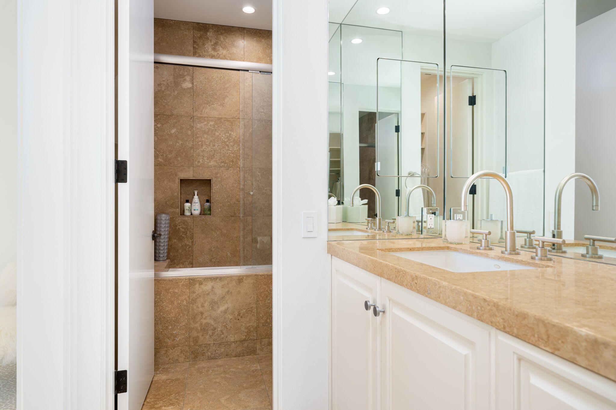 6 Sun Ridge Circle Rancho Mirage, CA 92270 - Photo 44 of 56 a bathroom with a double vanity sink mirror and shower
