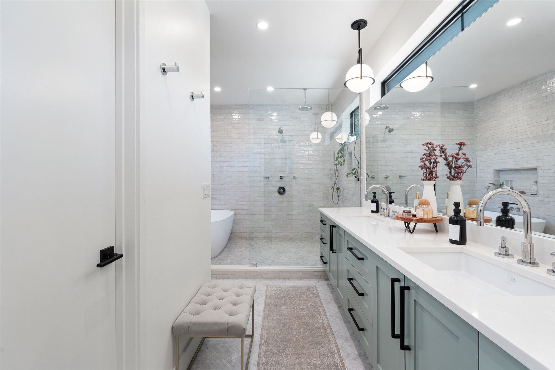 2107 Peach Tree Street Austin, TX 78704 - Photo 18 of 40 Full bath with tiled shower, double vanity, a freestanding bath, and recessed lighting