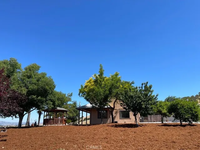 a view of a roof deck with large trees and wooden fence