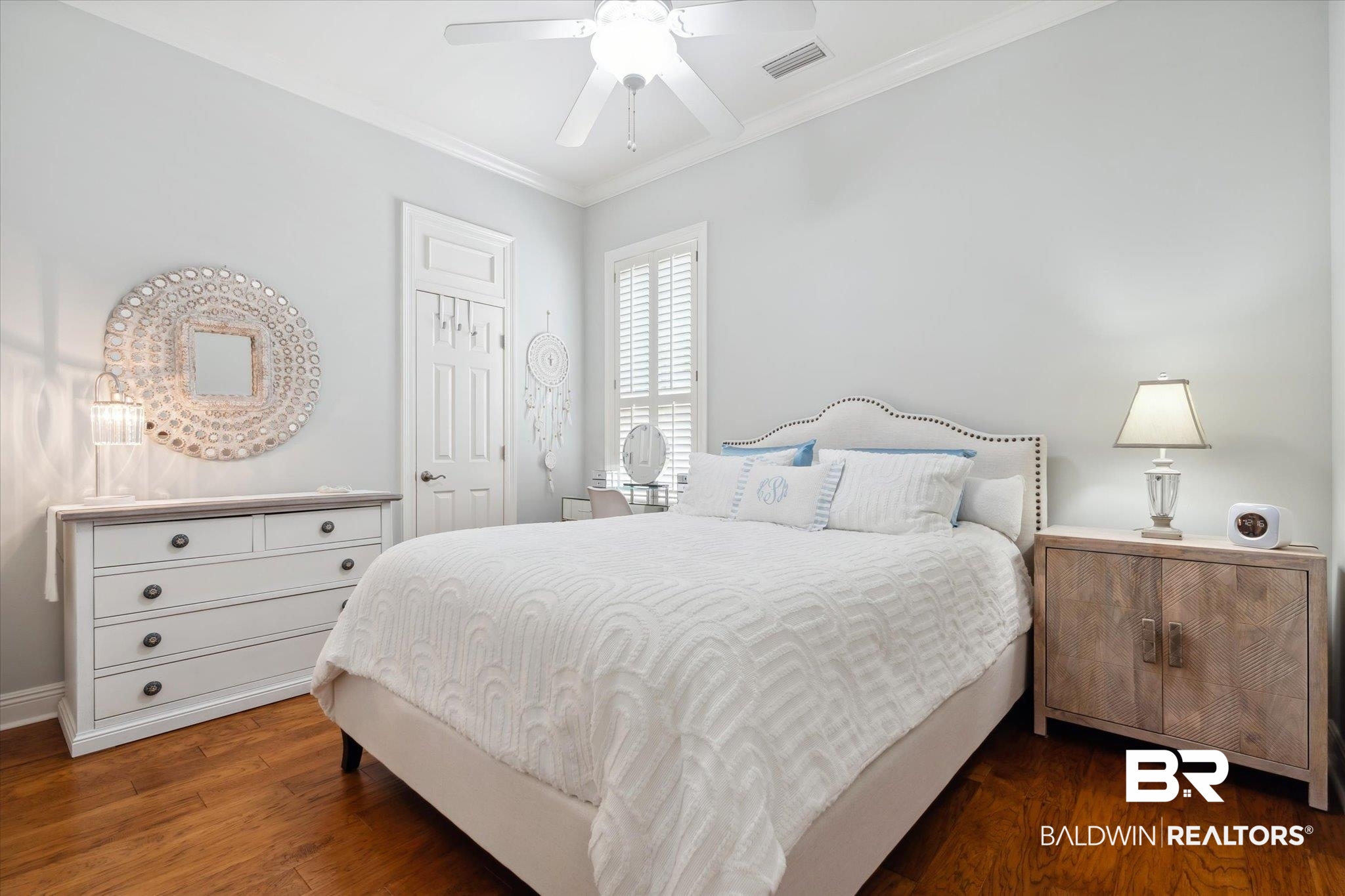 804 Country Club Road Mobile, AL 36609 - Photo 23 of 63 Bedroom with ceiling fan, dark hardwood / wood-style floors, and crown molding