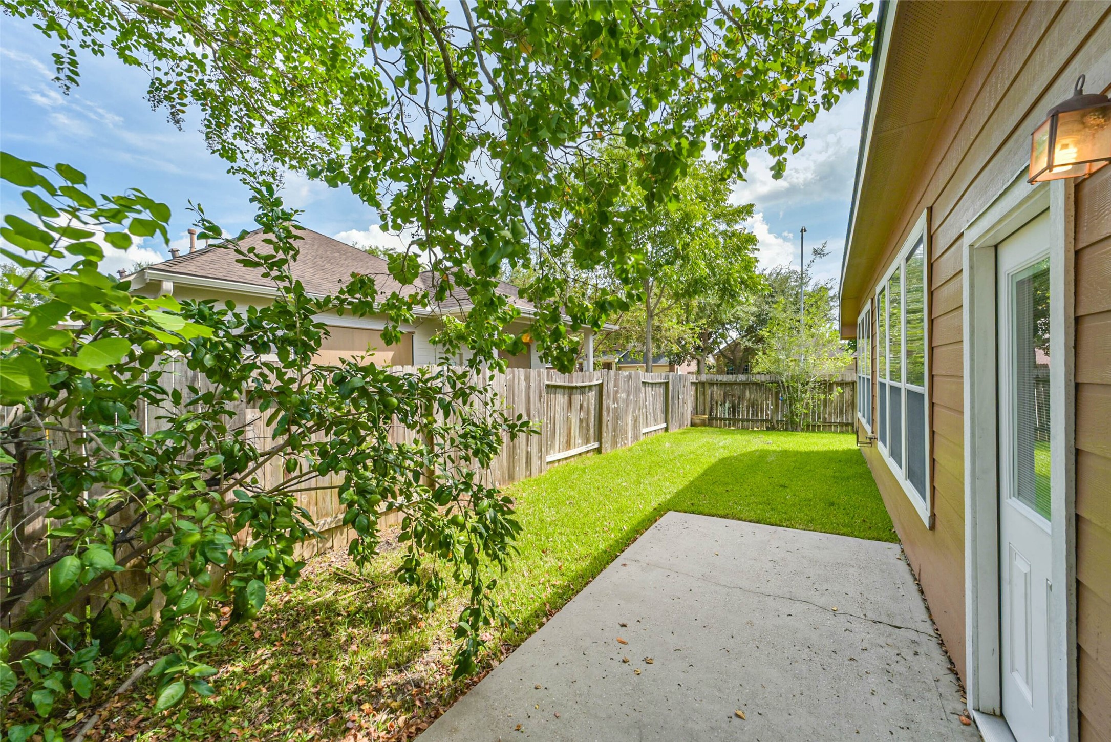 30910 Blue Ridge Park Lane Spring, TX 77386 - Photo 47 of 50 Charming side yard with lush greenery, a private wooden fence, and a spacious concrete patio perfect for outdoor relaxation.