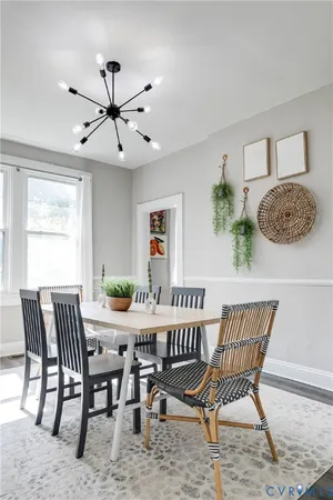 a view of a dining room with furniture