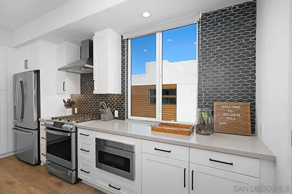 a kitchen with stainless steel appliances a stove and a refrigerator