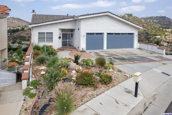 a view of a house with yard and potted plants