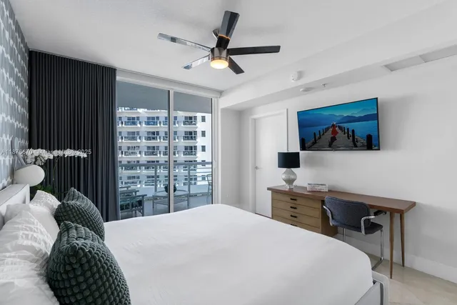 a bedroom with a bed and a desk