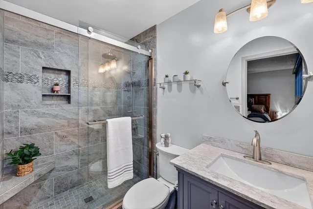 a bathroom with a granite countertop toilet sink and mirror