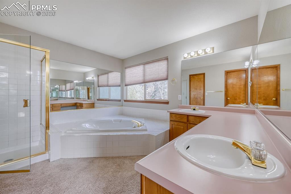7215 Native Circle Colorado Springs, CO 80919 - Photo 17 of 30 a bathroom with a tub a sink and a large window