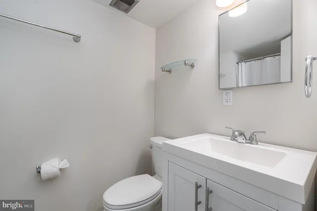 a bathroom with a sink vanity and toilet