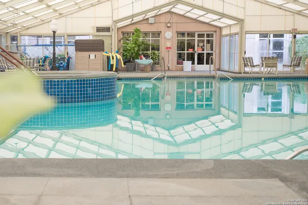 a view of a building from a patio