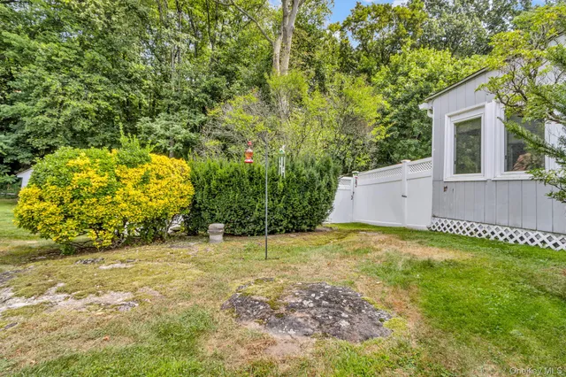 a view of yard with small space and trees in the background