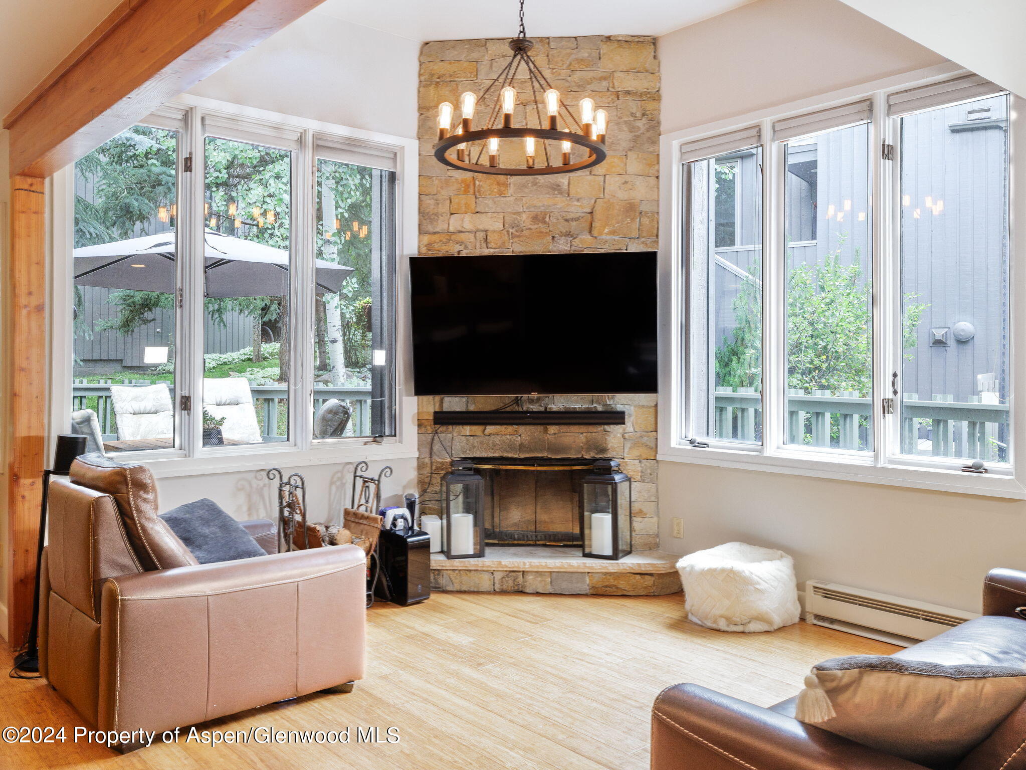 383 Meadow Ranch Road, Unit F4C Snowmass Village, CO 81615 - Photo 1 of 16 a living room with furniture a fireplace and a flat screen tv