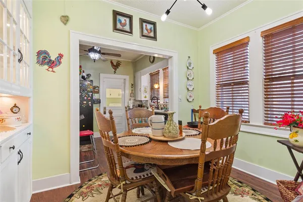 a view of a dining room with furniture