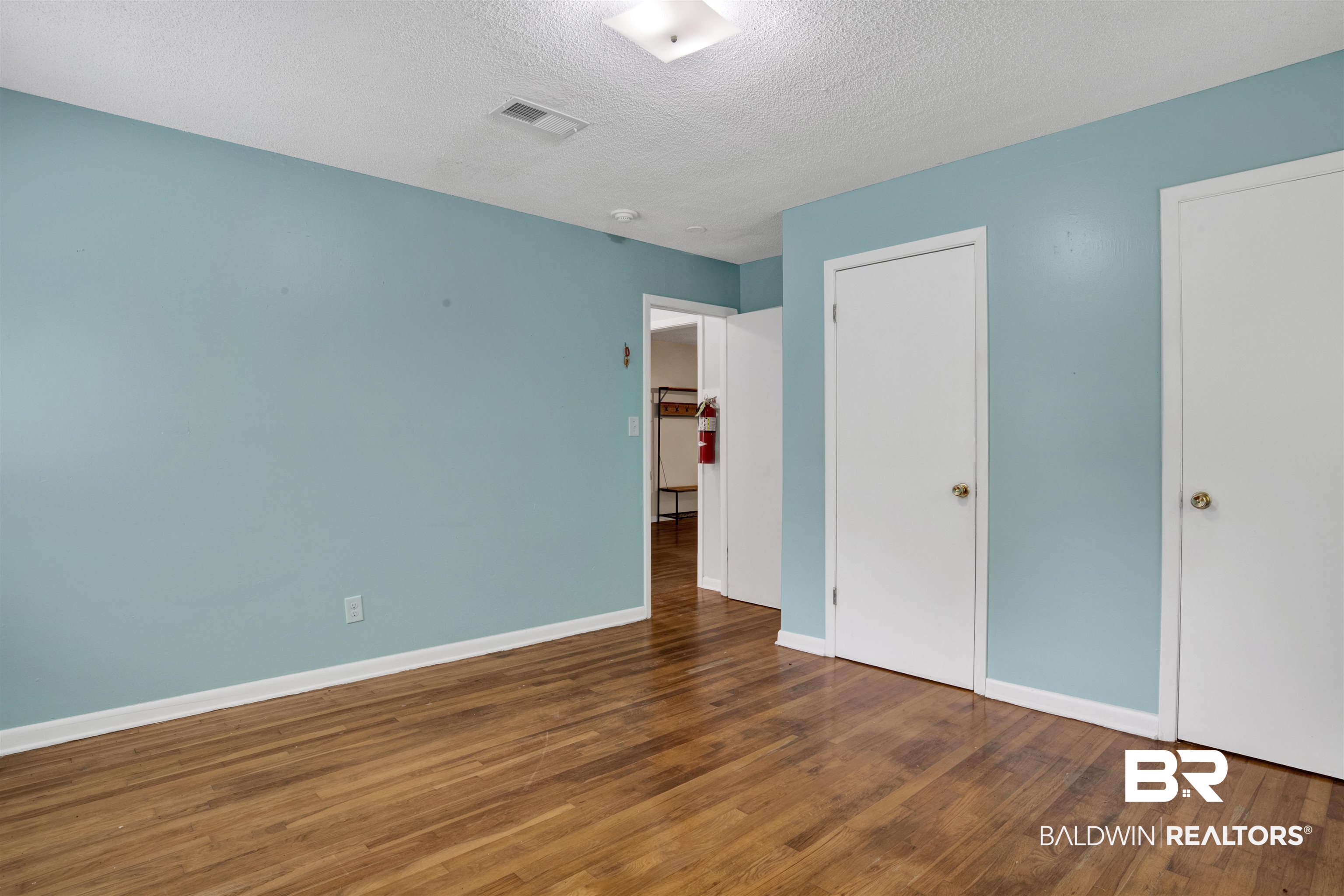 17714 Horseneck Road Bay Minette, AL 36507 - Photo 20 of 36 Interior space featuring wood-finish flooring, light blue wall finishes, white trim, and two white doors with brass-toned hardware