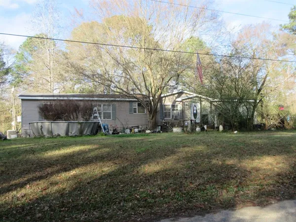 a view of a backyard with large trees
