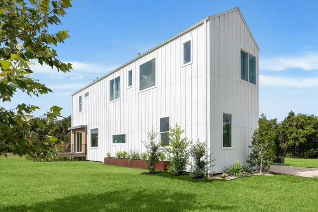 a view of a backyard with plants and a large tree