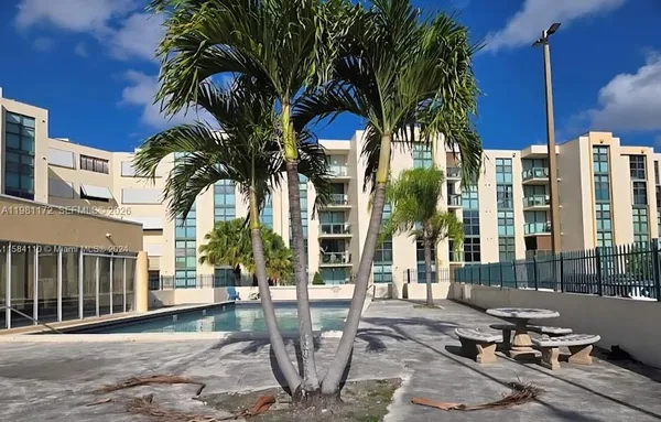 a view of a building with a patio