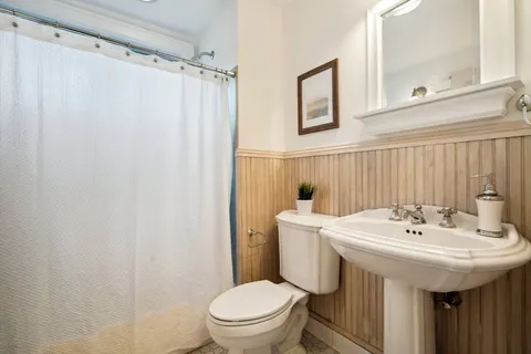 a bathroom with a sink a toilet and shower curtain