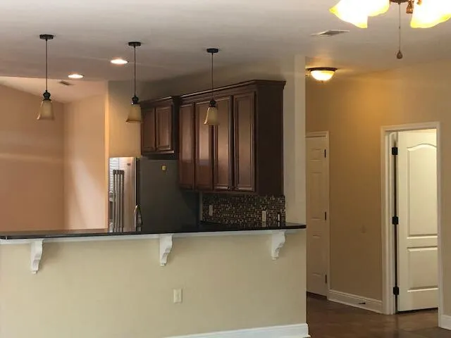 a view of a chandelier in a room