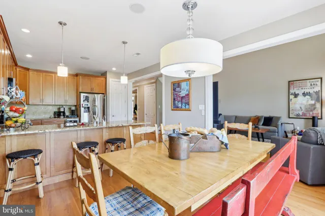 a view of a dining room with furniture