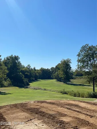 a view of a field with a trees in the background