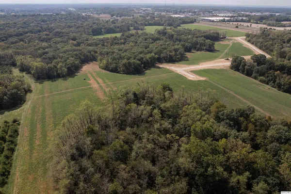 an aerial view of residential houses with outdoor space and trees