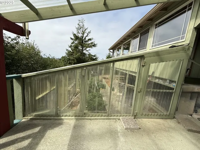 a balcony with a door