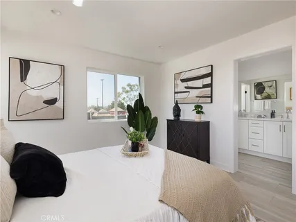 a living room with a couch and a potted plant