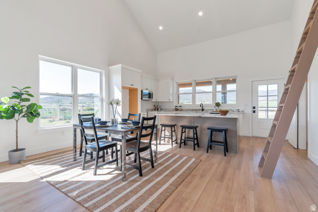 1820 West Farmhouse Flats Road Peoa, UT 84061 - Photo 65 of 79 Open-concept kitchen and dining area featuring vaulted ceilings and recessed lighting