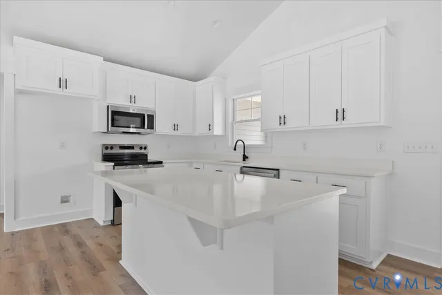 a kitchen with kitchen island a sink a stove and refrigerator