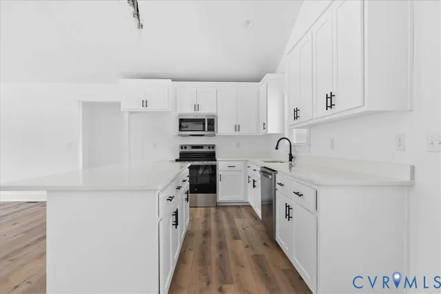 a kitchen with appliances a sink and cabinets