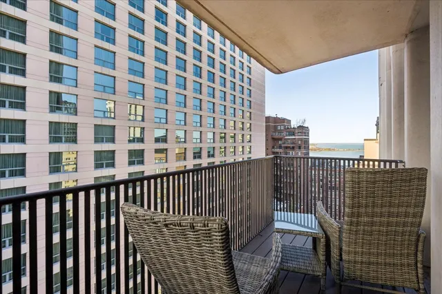 a view of a building from a balcony