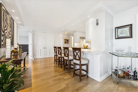 a view of a dining room with furniture